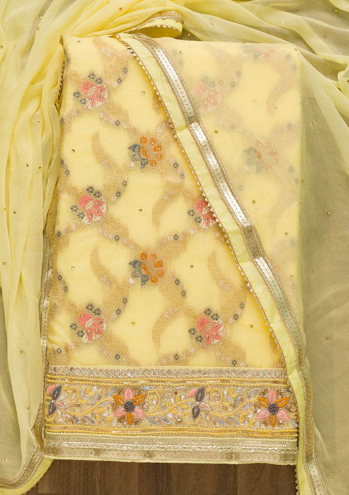 Lemon Yellow Gotapatti Chanderi Unstitched Salwar Suit-Koskii