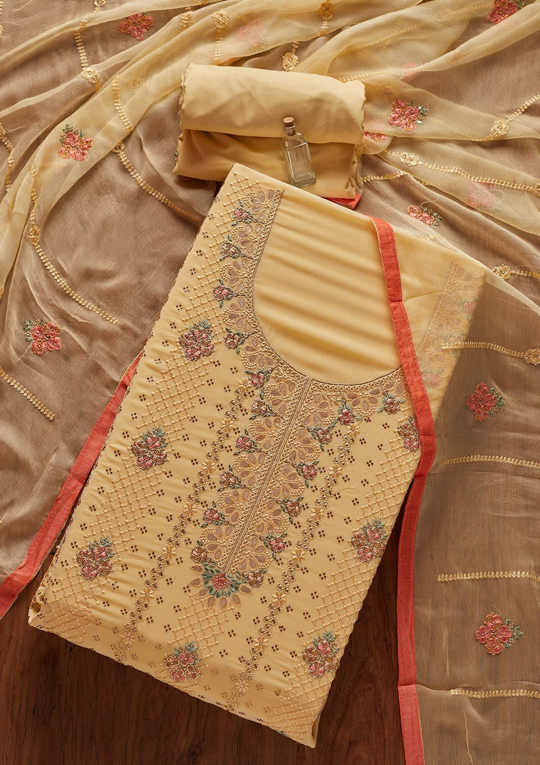 Lemon Yellow Gotapatti Georgette Designer Unstitched Salwar Suit - koskii