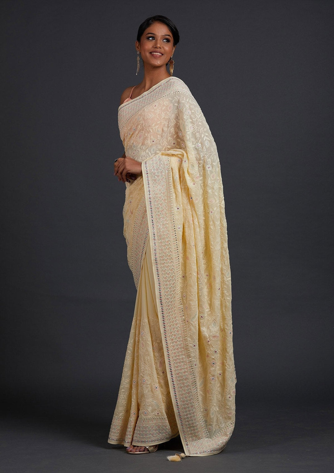 Lemon Yellow Gotapatti Georgette Designer Saree - Koskii