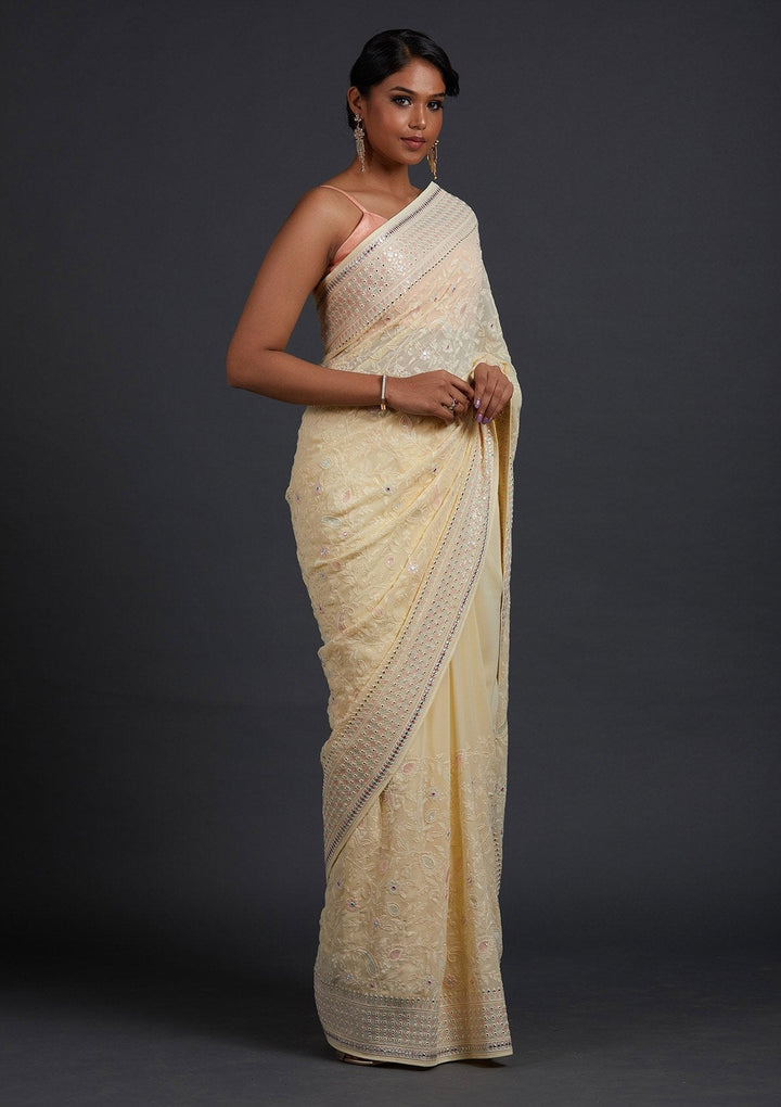 Lemon Yellow Gotapatti Georgette Designer Saree - Koskii