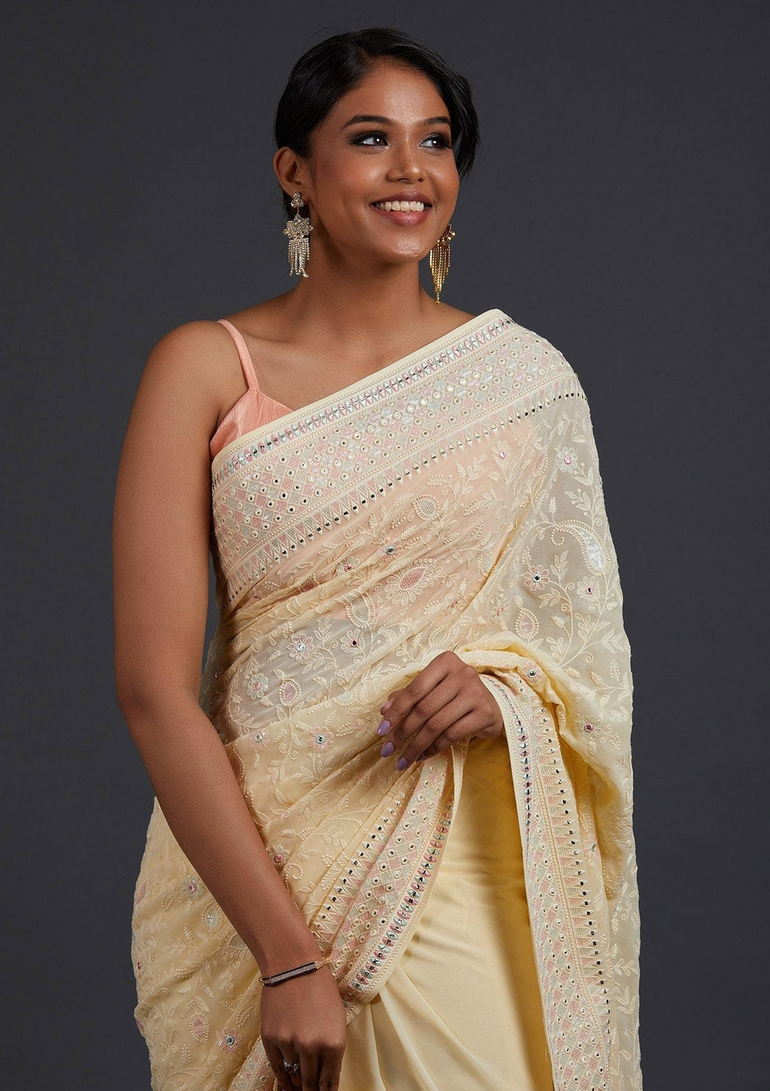 Lemon Yellow Gotapatti Georgette Designer Saree - Koskii
