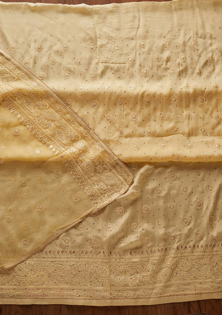 Lemon Yellow Gotapatti Semi Crepe Designer Unstitched Salwar Suit - koskii