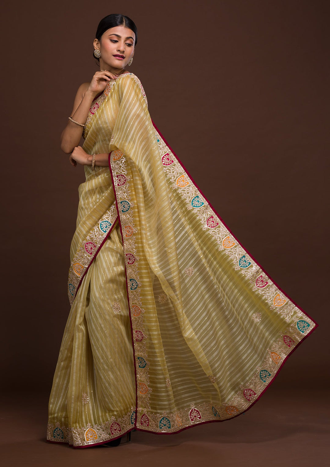 Lemon Yellow Gotapatti Shimmer Saree-Koskii