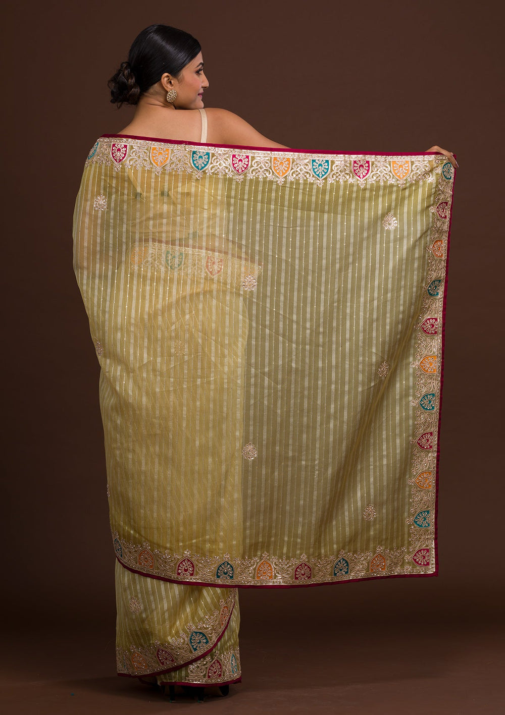 Lemon Yellow Gotapatti Shimmer Saree-Koskii