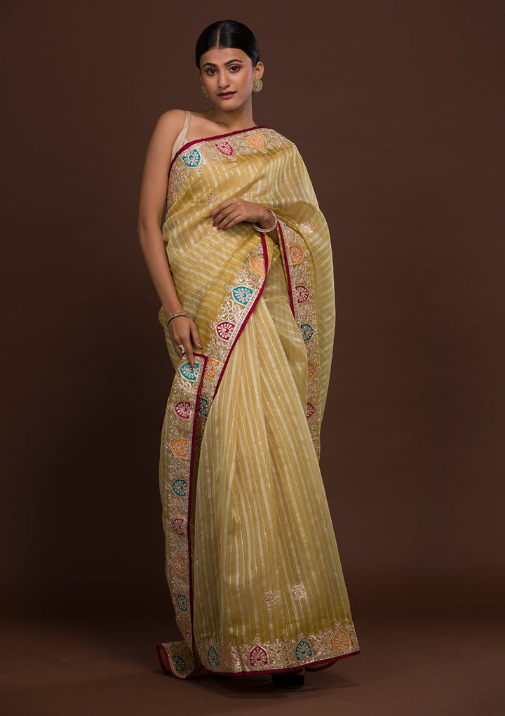 Lemon Yellow Gotapatti Shimmer Saree-Koskii