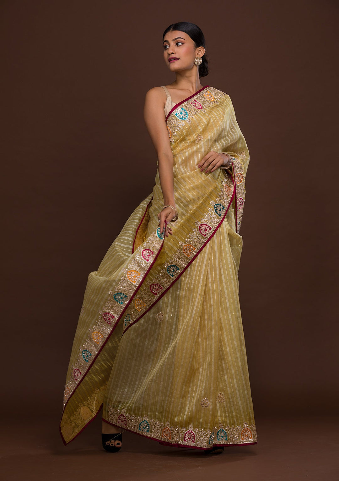 Lemon Yellow Gotapatti Shimmer Saree-Koskii