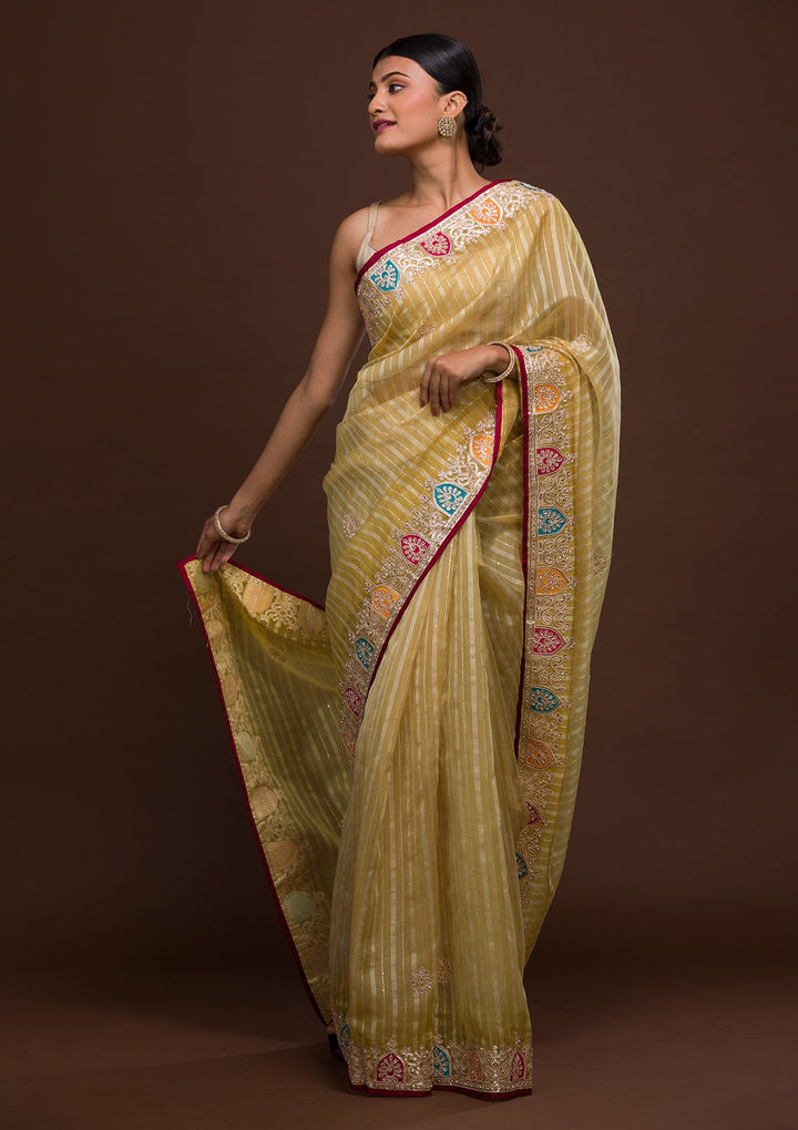 Lemon Yellow Gotapatti Shimmer Saree-Koskii