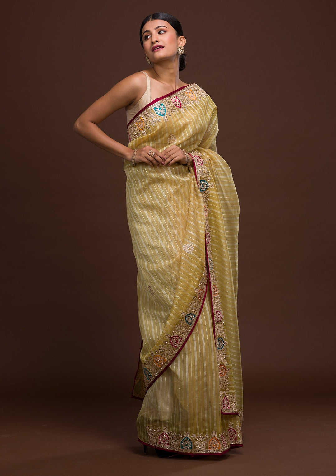 Lemon Yellow Gotapatti Shimmer Saree-Koskii
