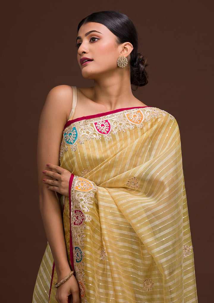 Lemon Yellow Gotapatti Shimmer Saree-Koskii