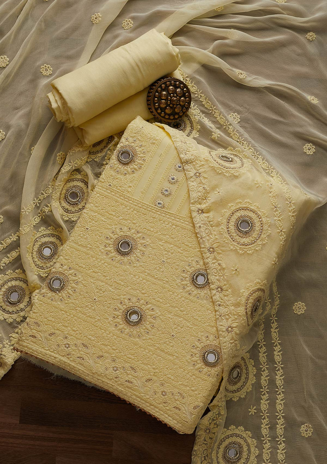 Lemon Yellow Mirrorwork Georgette Designer Unstitched Salwar Suit - Koskii