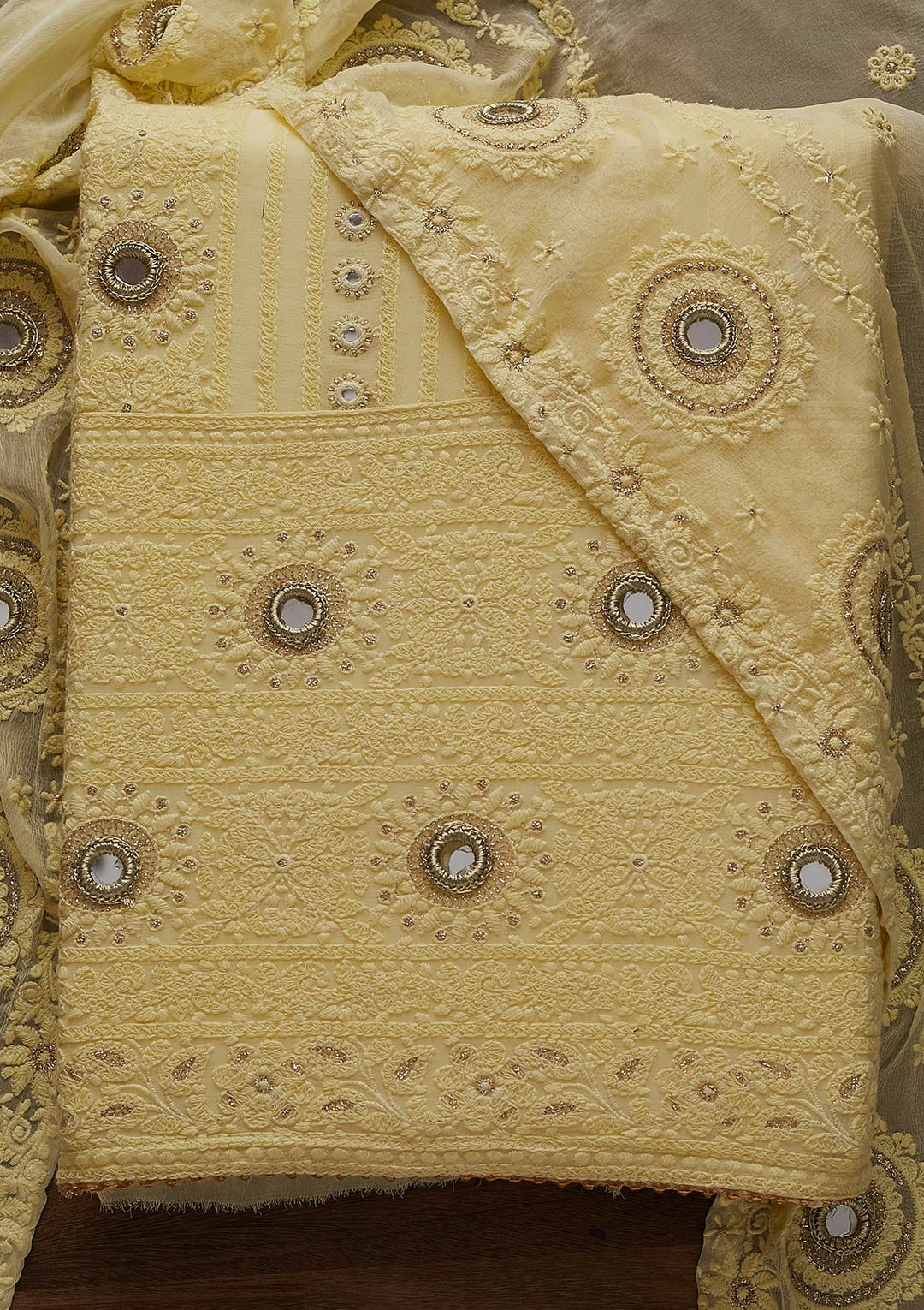 Lemon Yellow Mirrorwork Georgette Designer Unstitched Salwar Suit - Koskii