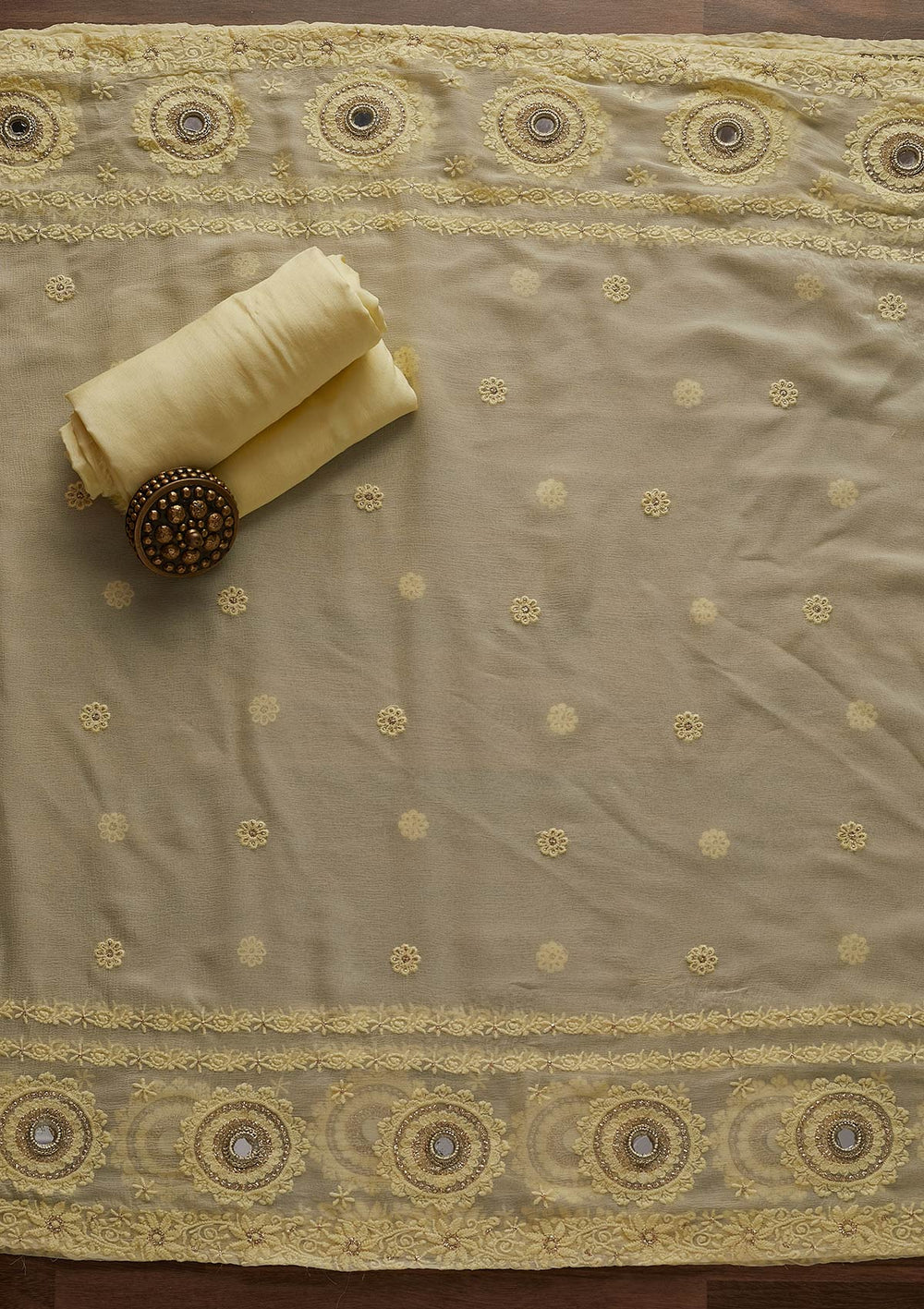 Lemon Yellow Mirrorwork Georgette Designer Unstitched Salwar Suit - Koskii