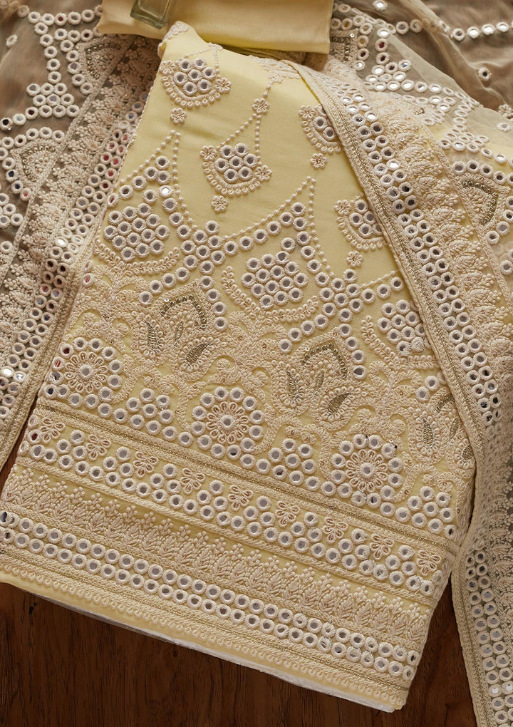 Lemon Yellow Mirrorwork Georgette Designer Unstitched Salwar Suit - koskii