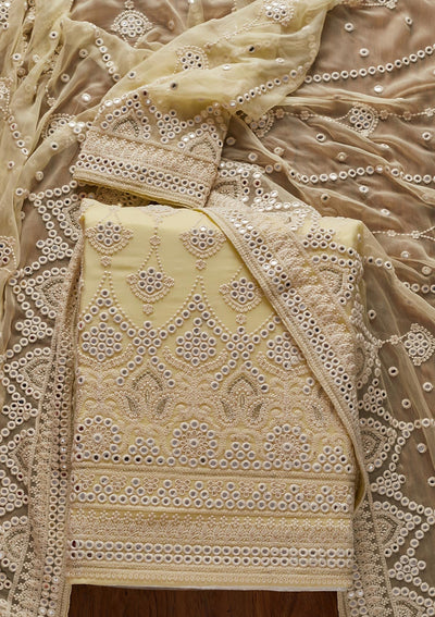 Lemon Yellow Mirrorwork Georgette Designer Unstitched Salwar Suit - koskii