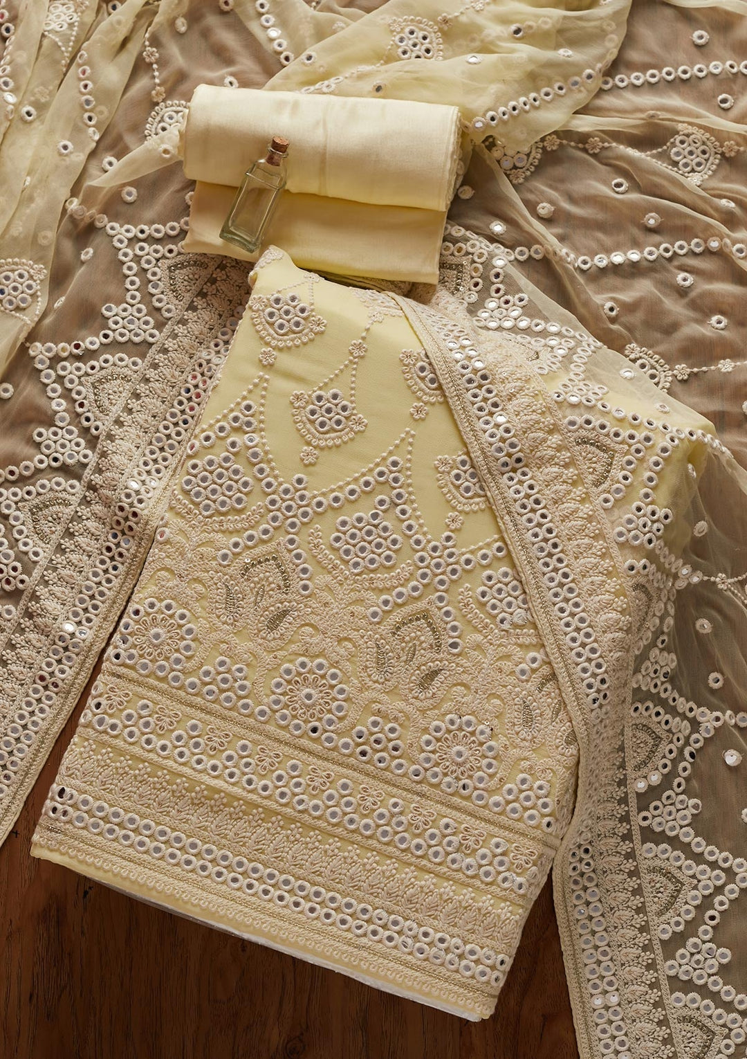 Lemon Yellow Mirrorwork Georgette Designer Unstitched Salwar Suit - koskii