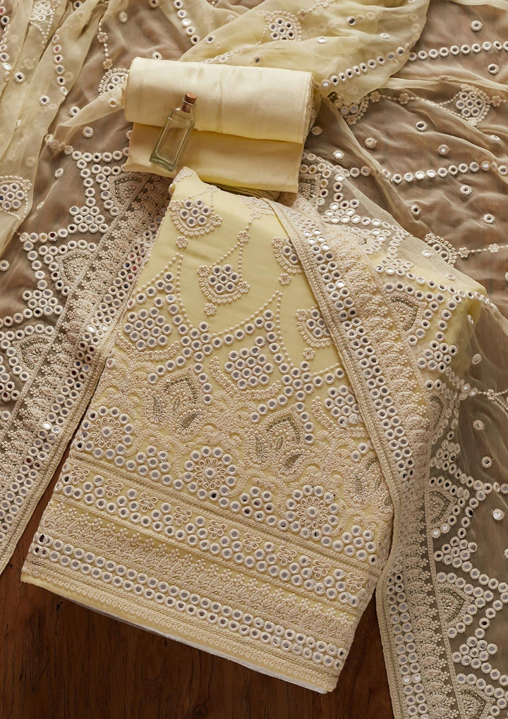 Lemon Yellow Mirrorwork Georgette Designer Unstitched Salwar Suit - koskii