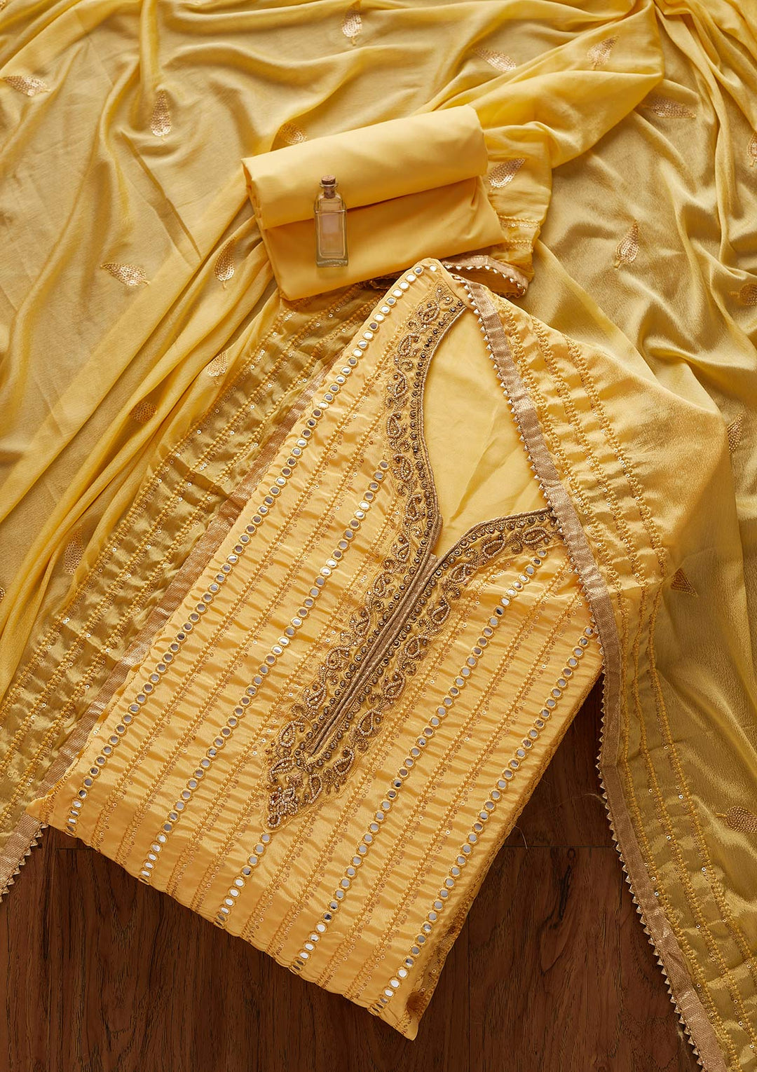 Lemon Yellow Mirrorwork Semi Crepe Designer Unstitched Salwar Suit - koskii