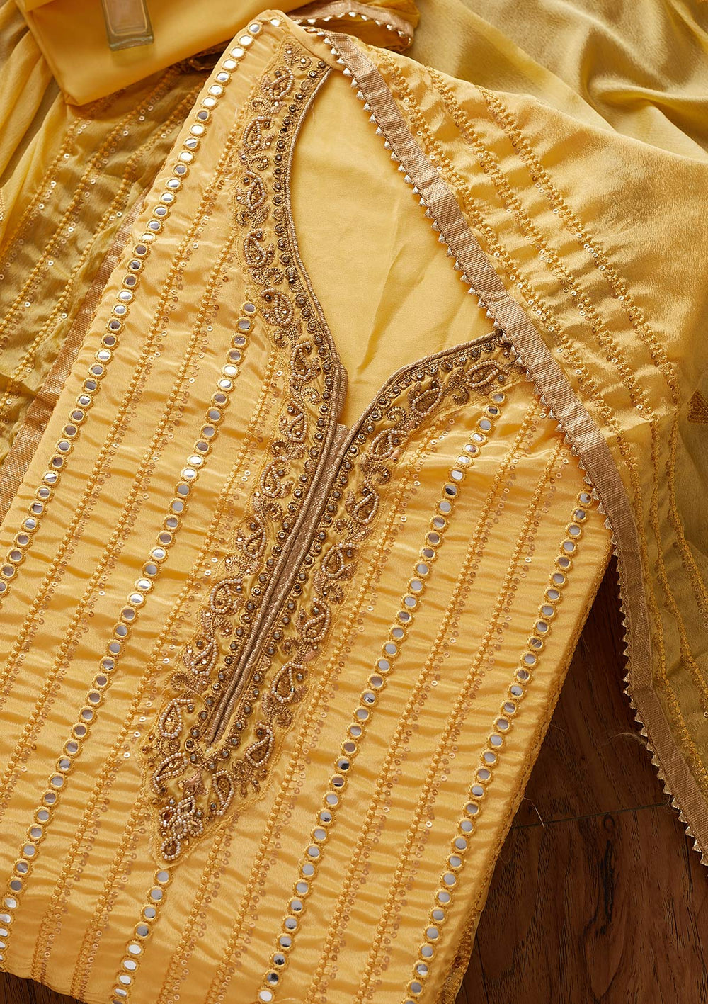 Lemon Yellow Mirrorwork Semi Crepe Designer Unstitched Salwar Suit - koskii