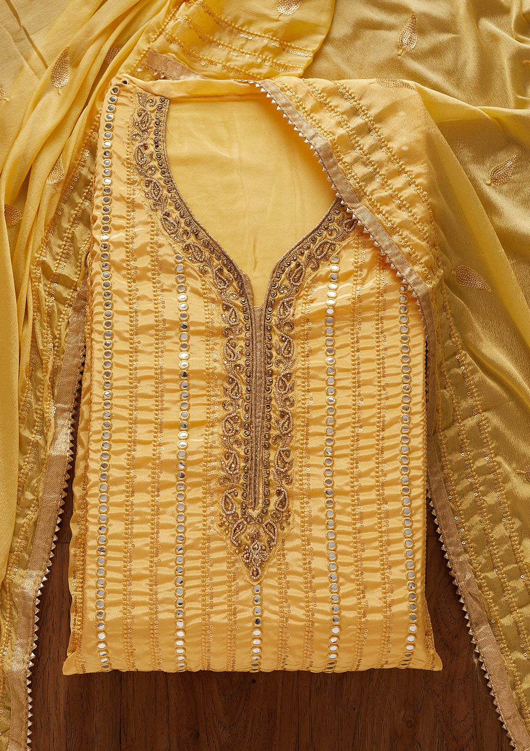 Lemon Yellow Mirrorwork Semi Crepe Designer Unstitched Salwar Suit - koskii