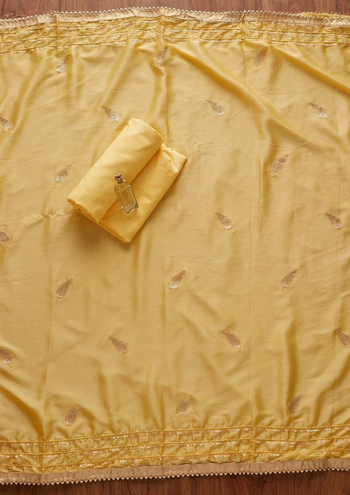 Lemon Yellow Mirrorwork Semi Crepe Designer Unstitched Salwar Suit - koskii