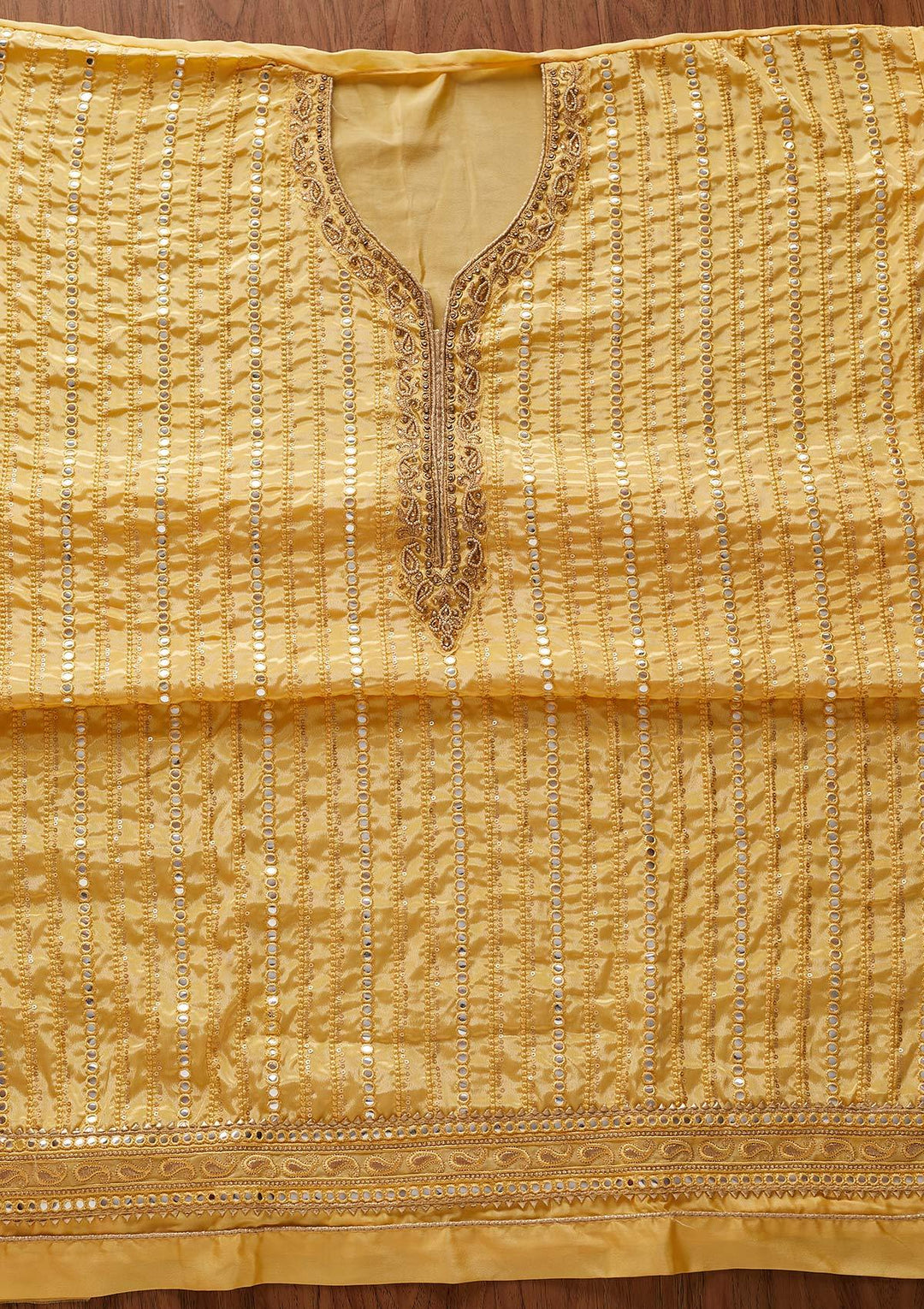 Lemon Yellow Mirrorwork Semi Crepe Designer Unstitched Salwar Suit - koskii