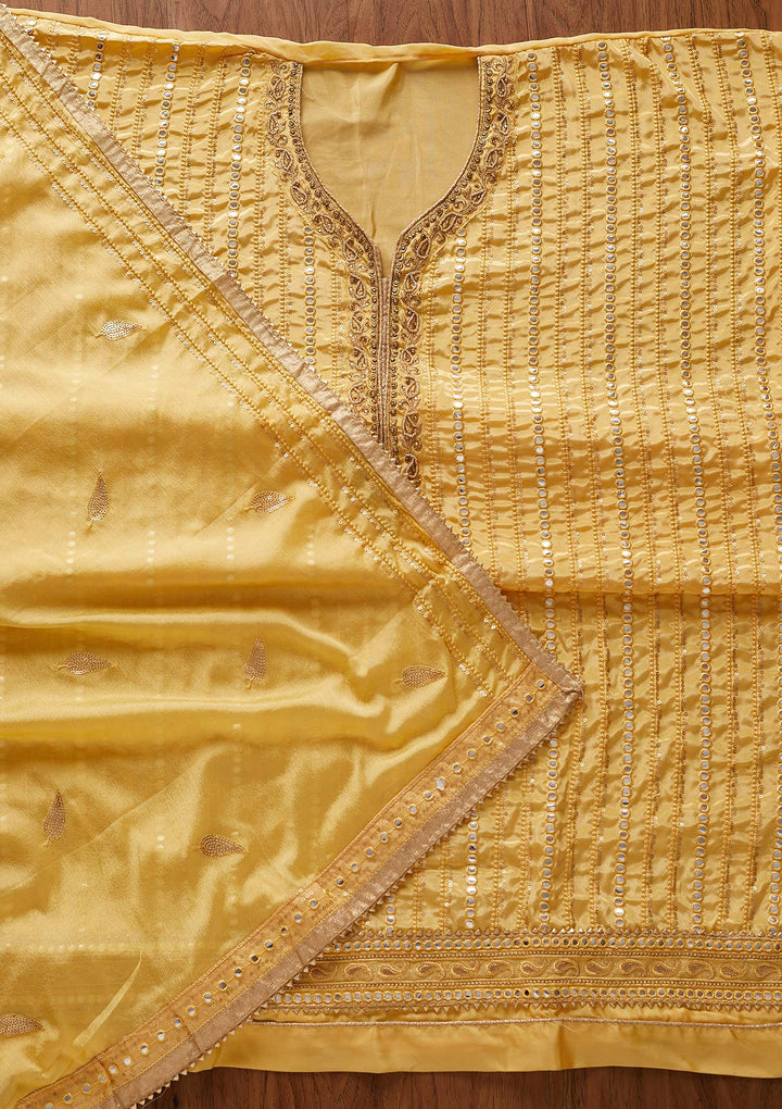 Lemon Yellow Mirrorwork Semi Crepe Designer Unstitched Salwar Suit - koskii