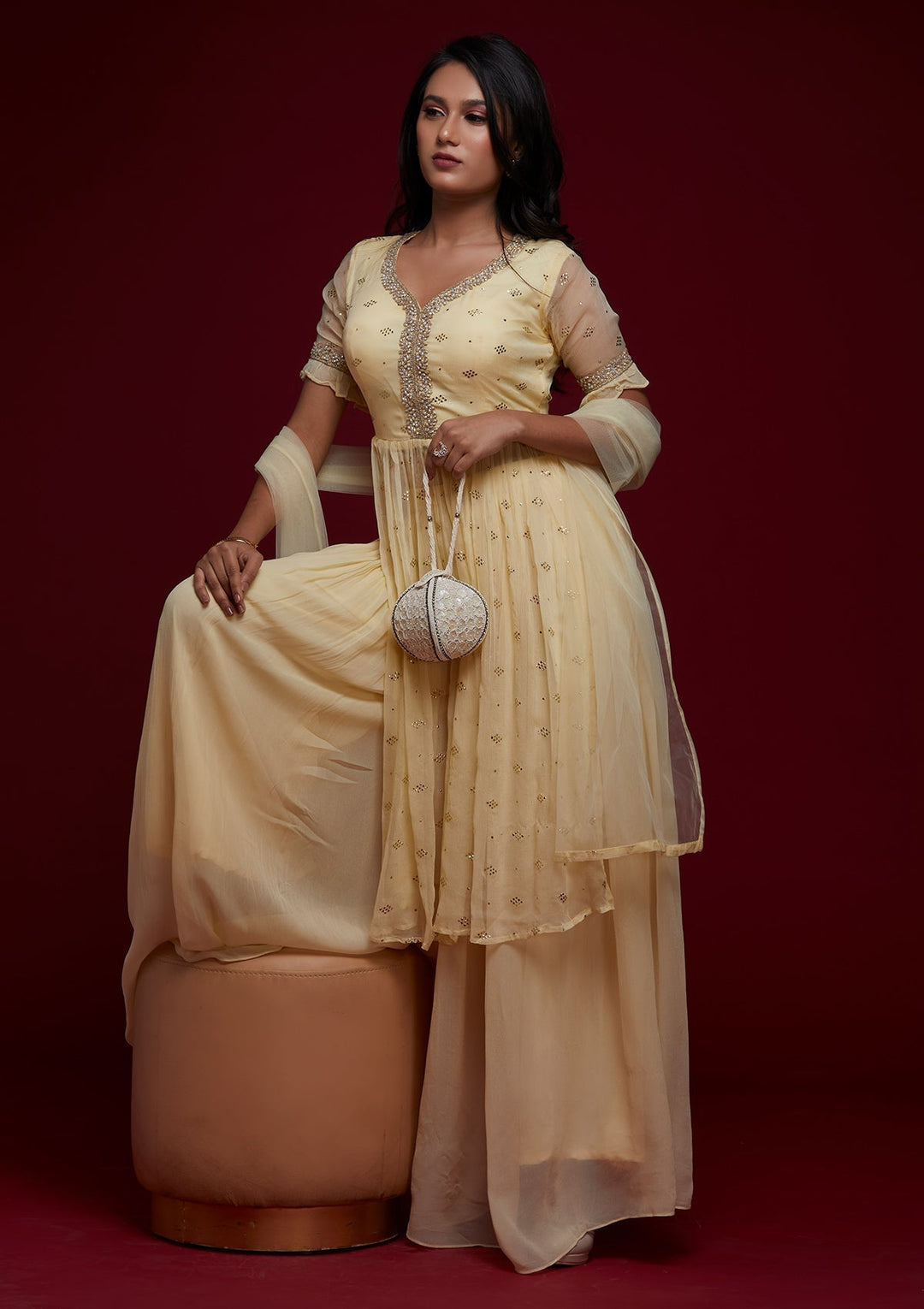 Lemon Yellow Pearlwork Georgette Designer Salwar Suit - Koskii