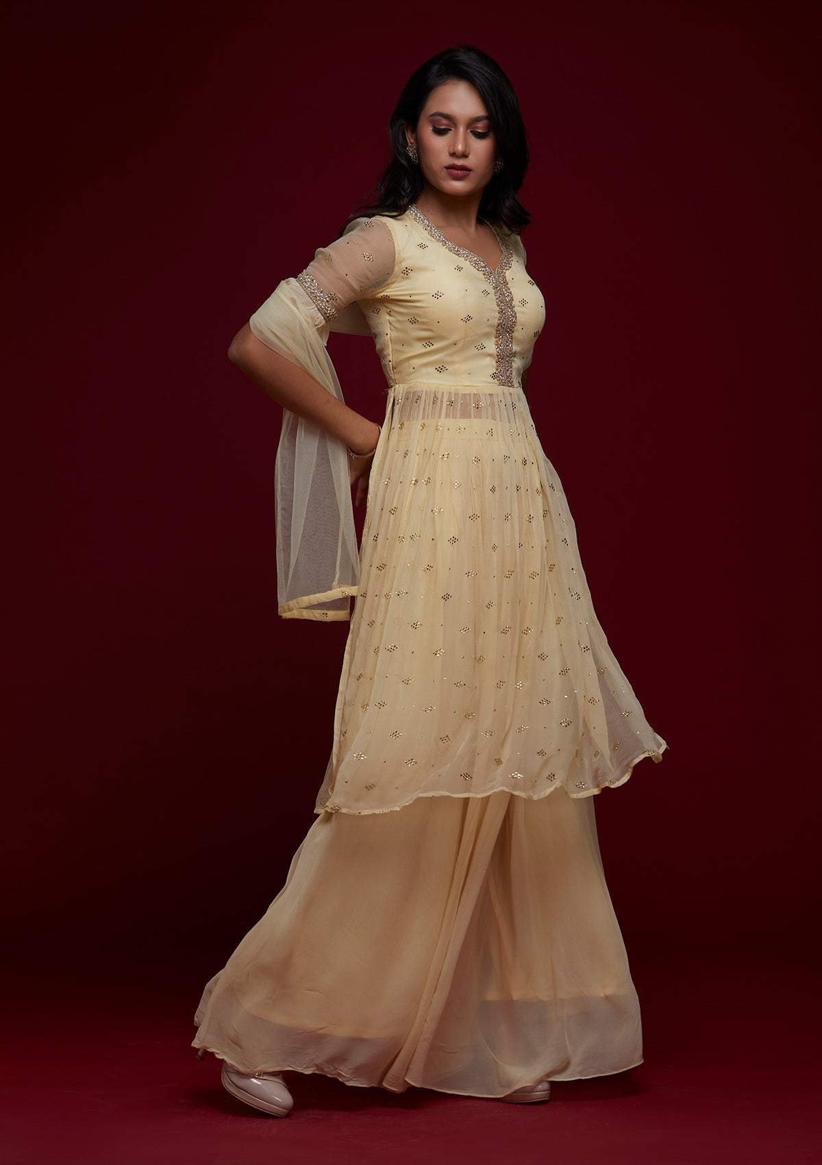Lemon Yellow Pearlwork Georgette Designer Salwar Suit - Koskii