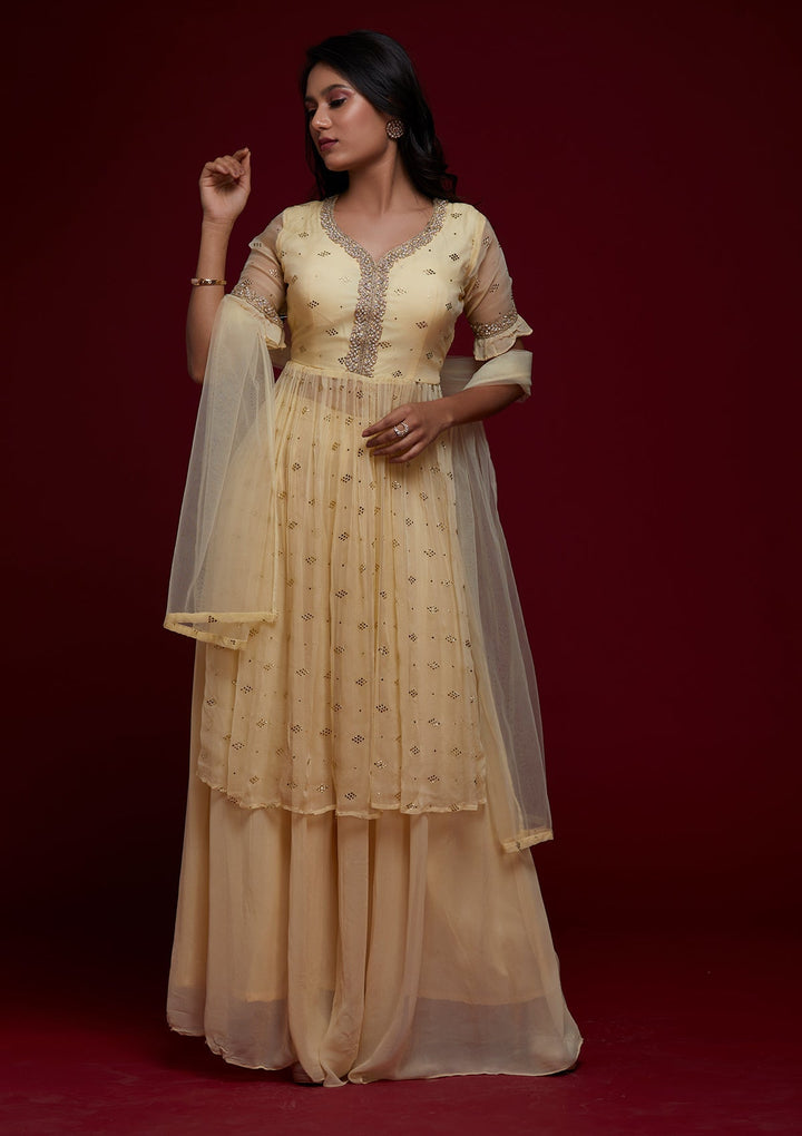 Lemon Yellow Pearlwork Georgette Designer Salwar Suit - Koskii
