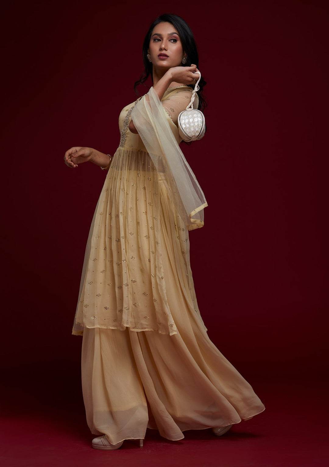 Lemon Yellow Pearlwork Georgette Designer Salwar Suit - Koskii