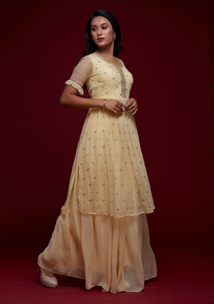 Lemon Yellow Pearlwork Georgette Designer Salwar Suit - Koskii