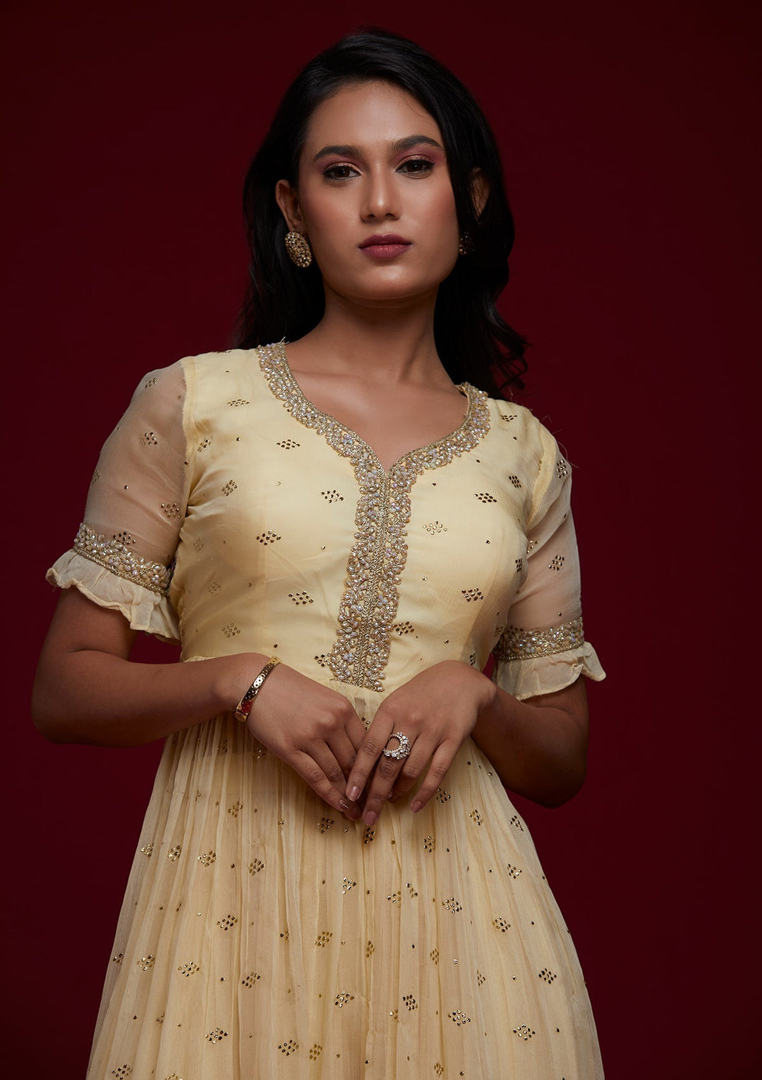 Lemon Yellow Pearlwork Georgette Designer Salwar Suit - Koskii