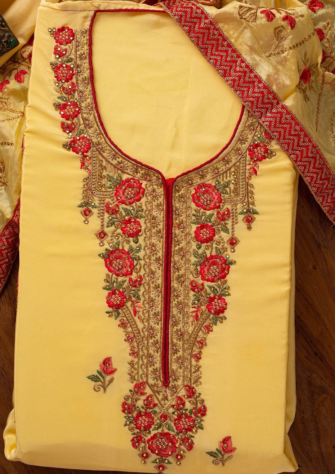 Lemon Yellow Pearlwork Semi Crepe Designer Unstitched Salwar Suit - koskii