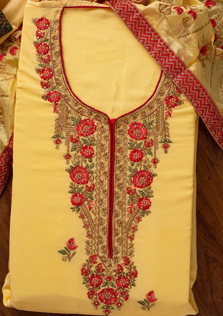 Lemon Yellow Pearlwork Semi Crepe Designer Unstitched Salwar Suit - koskii