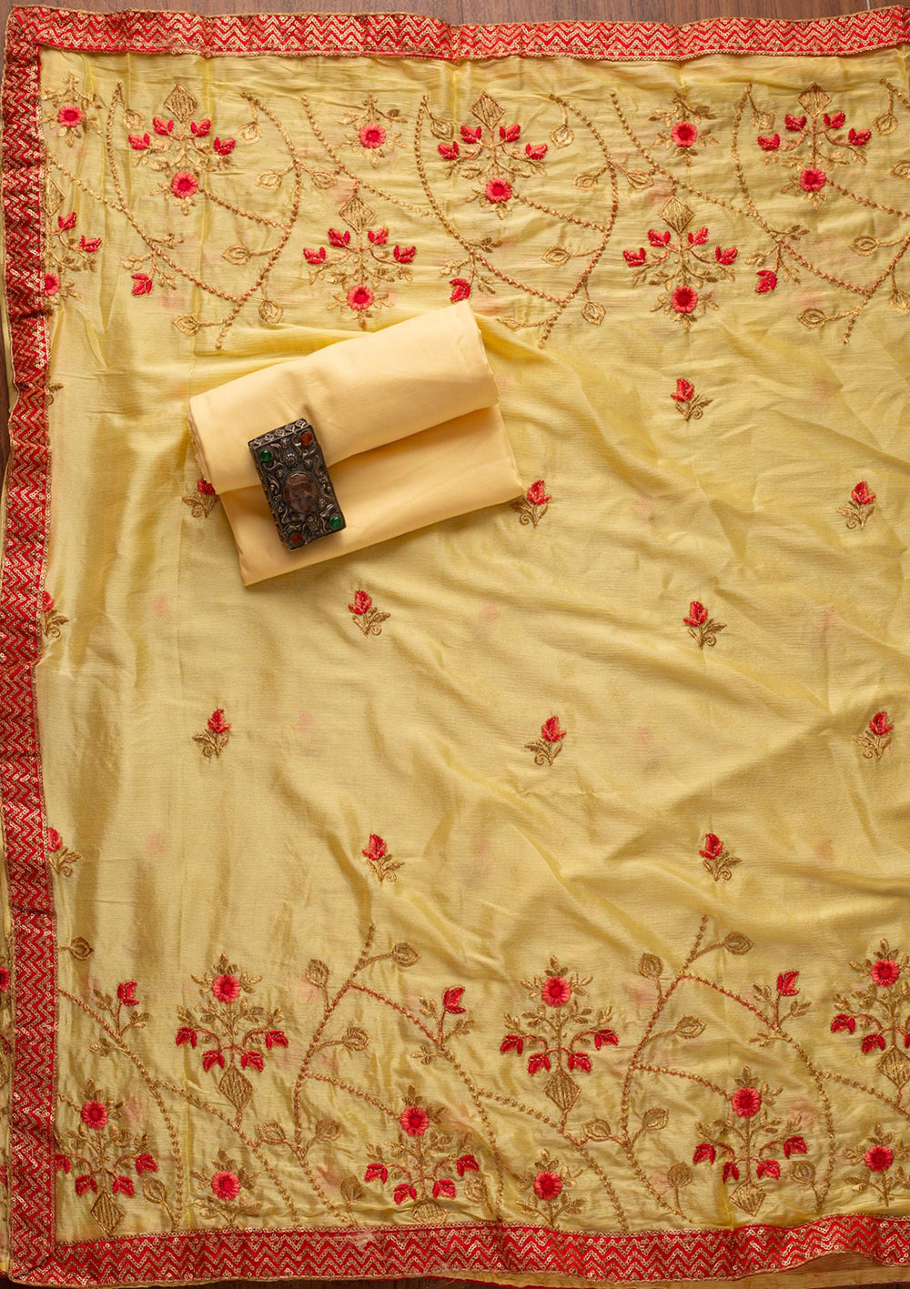 Lemon Yellow Pearlwork Semi Crepe Designer Unstitched Salwar Suit - koskii