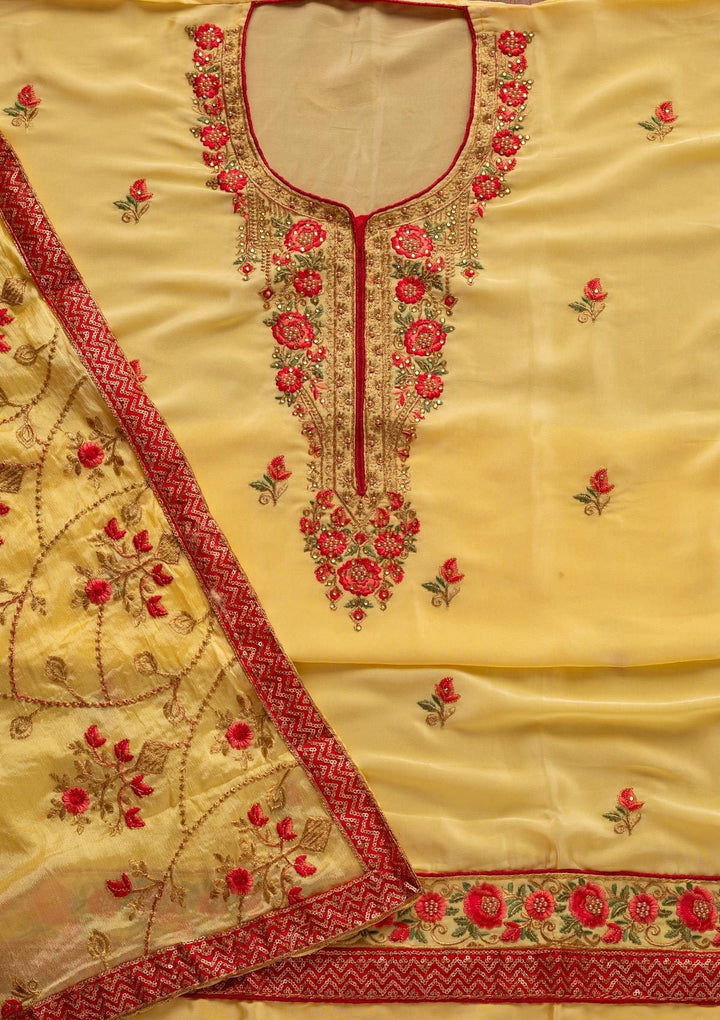 Lemon Yellow Pearlwork Semi Crepe Designer Unstitched Salwar Suit - koskii