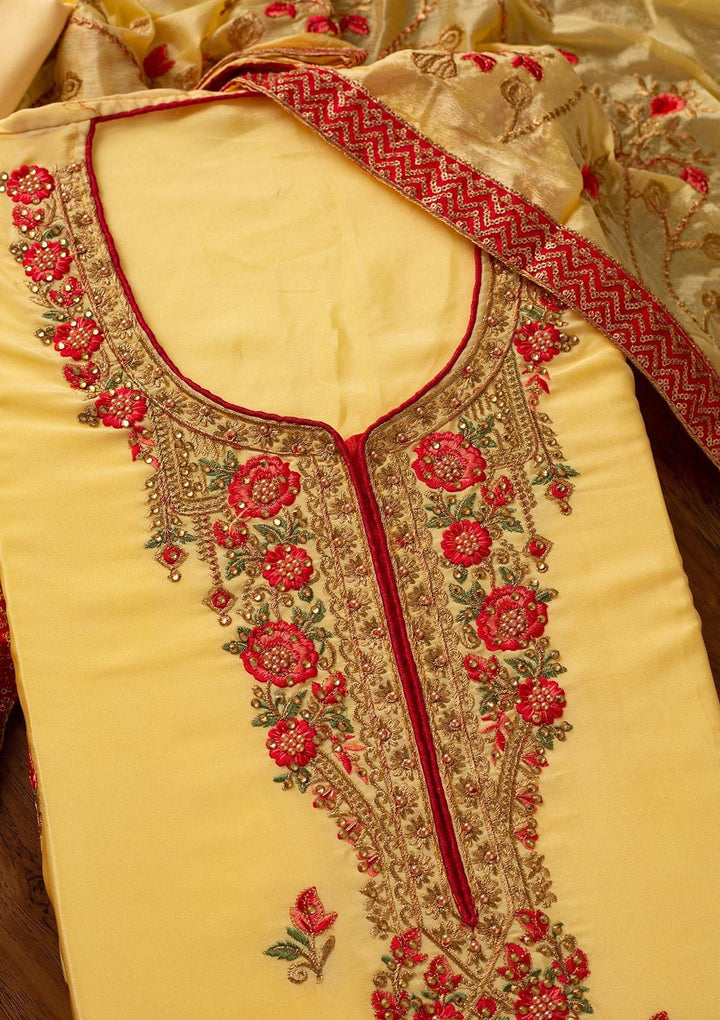 Lemon Yellow Pearlwork Semi Crepe Designer Unstitched Salwar Suit - koskii