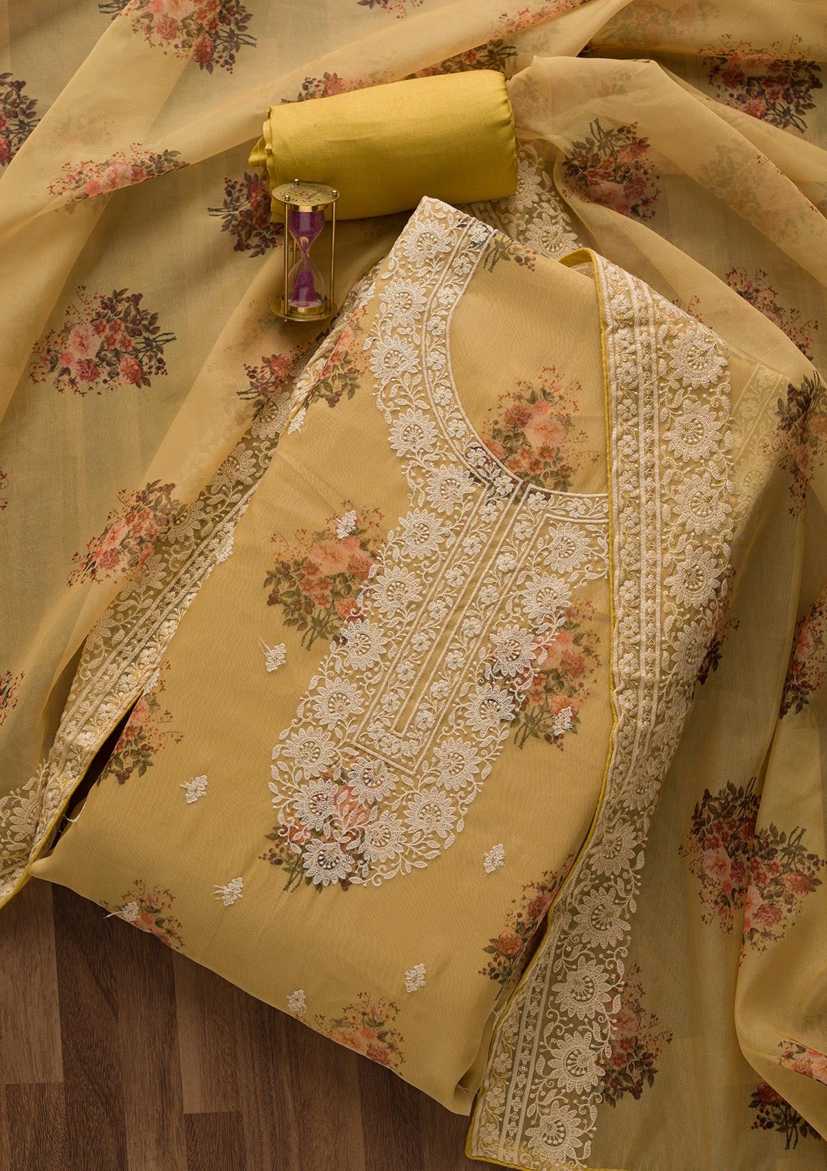 Lemon Yellow Print Georgette Unstitched Salwar Suit-Koskii