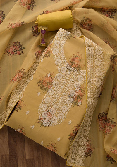 Lemon Yellow Print Georgette Unstitched Salwar Suit-Koskii
