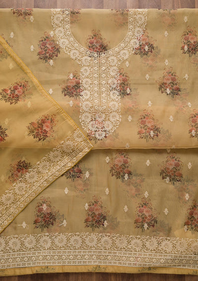 Lemon Yellow Print Georgette Unstitched Salwar Suit-Koskii