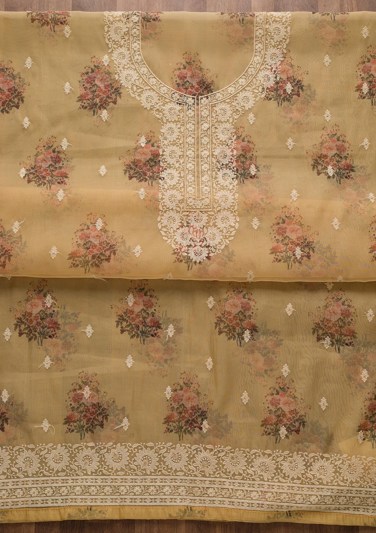 Lemon Yellow Print Georgette Unstitched Salwar Suit-Koskii