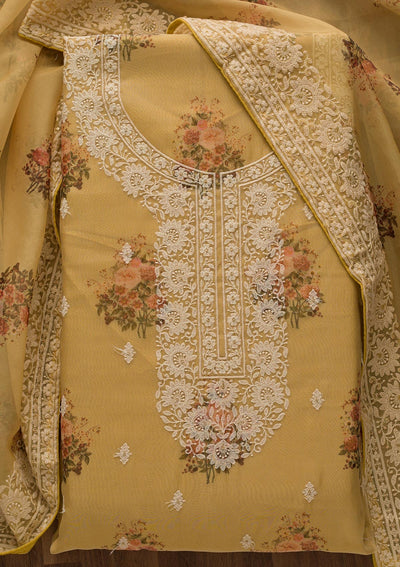 Lemon Yellow Print Georgette Unstitched Salwar Suit-Koskii