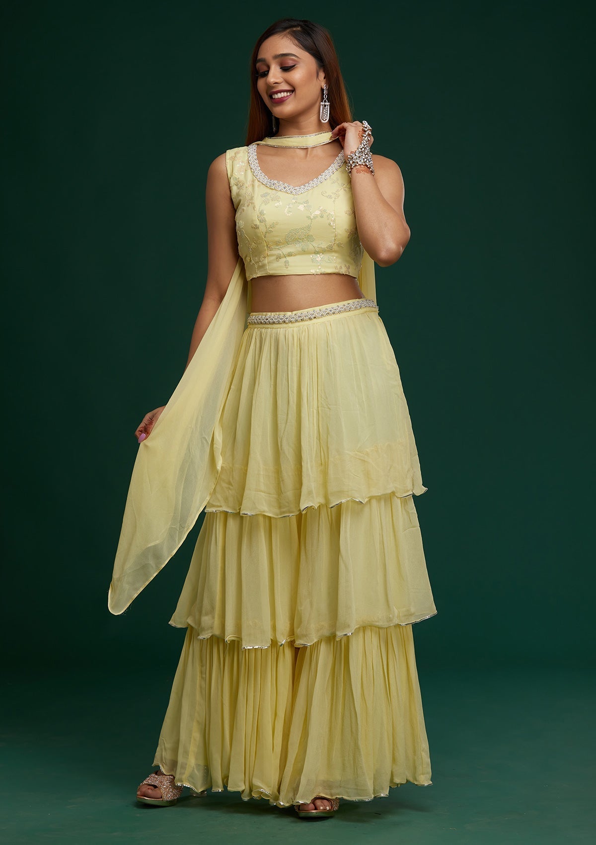 Lemon Yellow Sequins Georgette Designer Salwar Suit- Koskii
