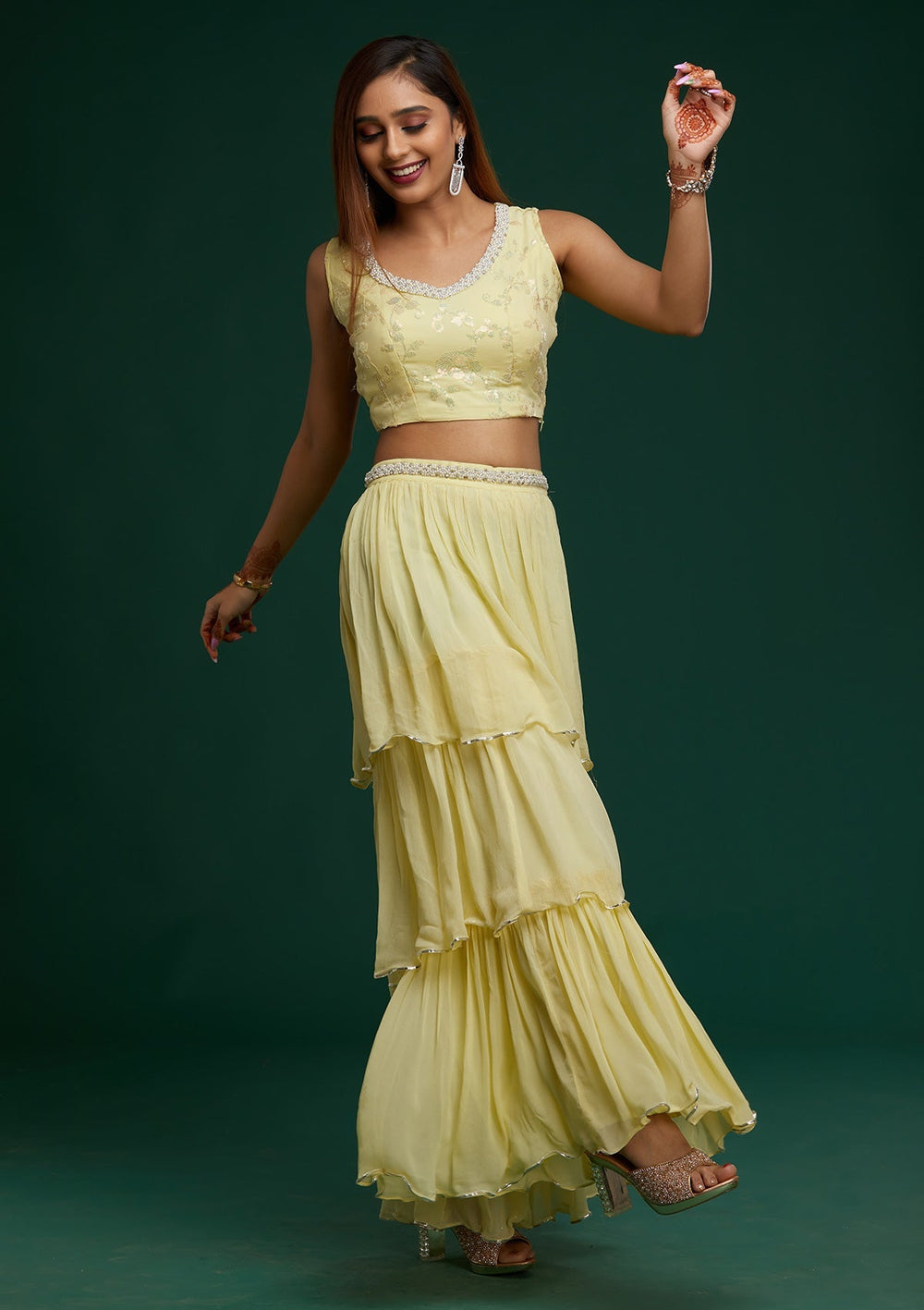 Lemon Yellow Sequins Georgette Designer Salwar Suit - Koskii