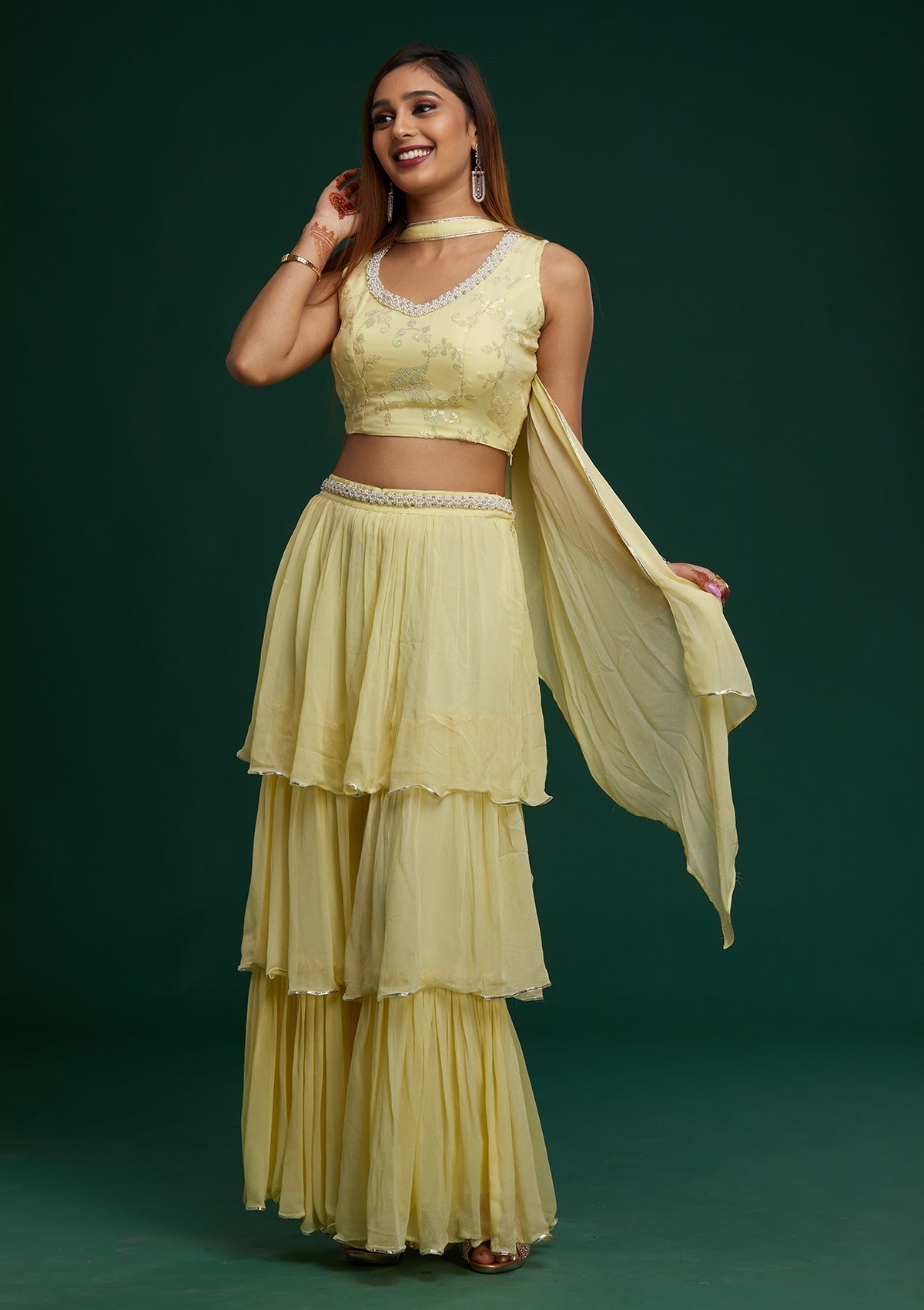 Lemon Yellow Sequins Georgette Designer Salwar Suit - Koskii