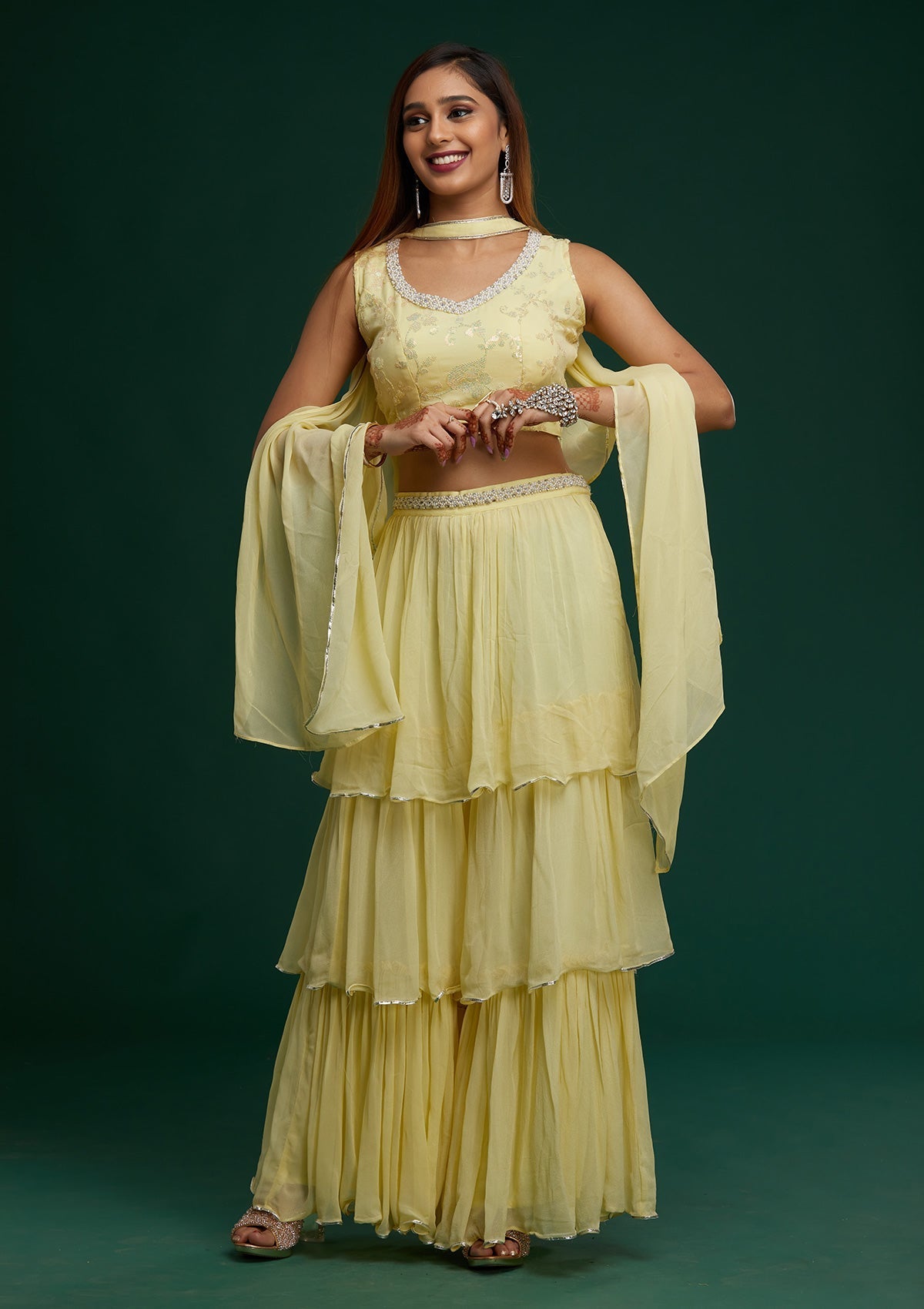 Lemon Yellow Sequins Georgette Designer Salwar Suit - Koskii
