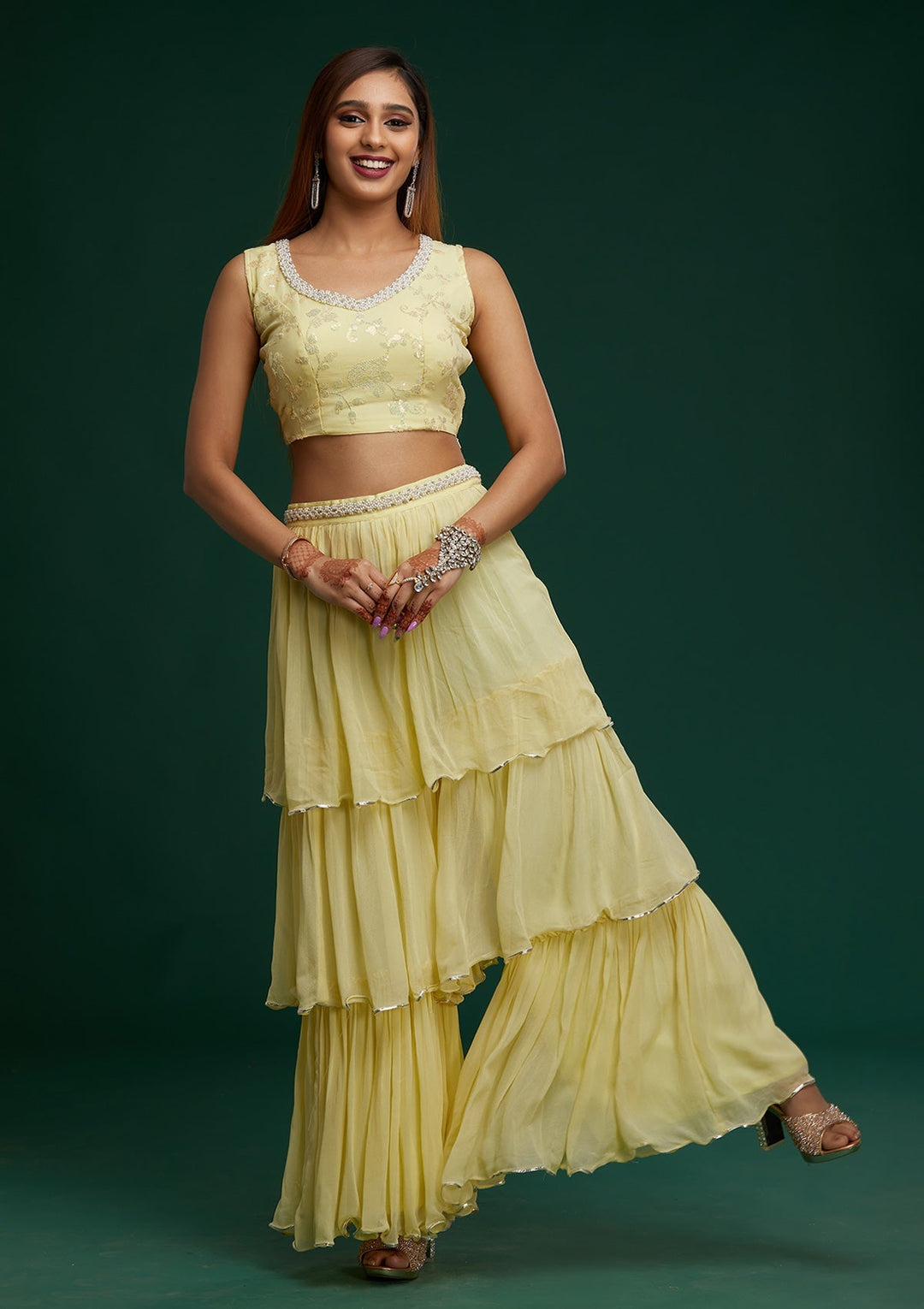 Lemon Yellow Sequins Georgette Designer Salwar Suit - Koskii