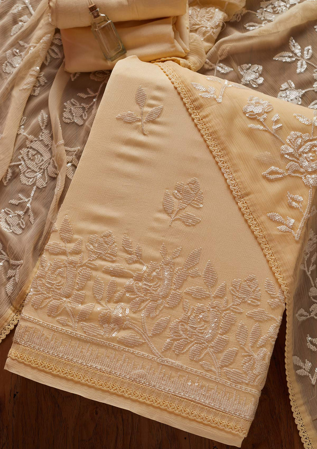 Lemon Yellow Sequins Georgette Designer Unstitched Salwar Suit - koskii