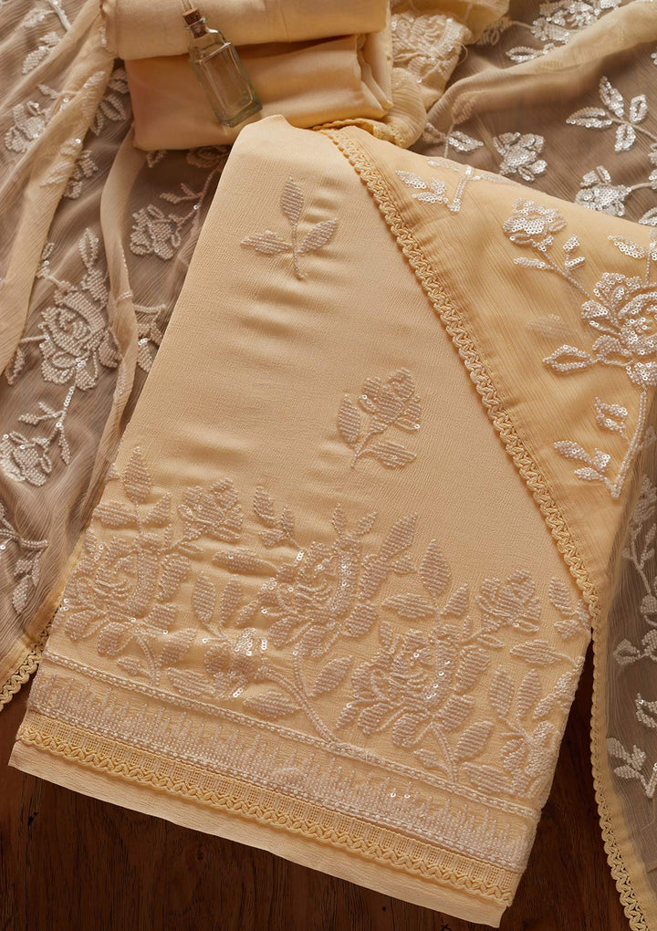 Lemon Yellow Sequins Georgette Designer Unstitched Salwar Suit - koskii