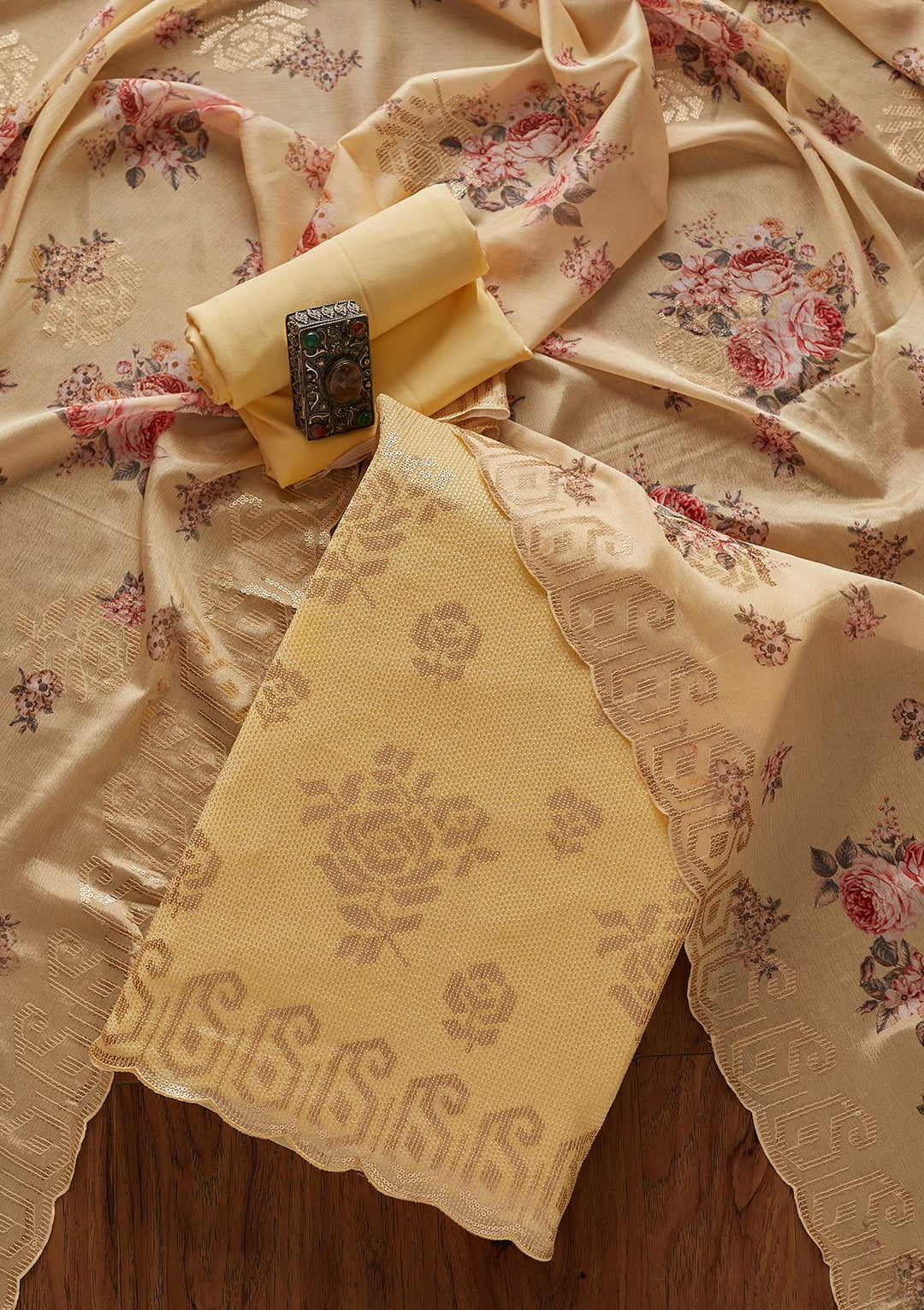 Lemon Yellow Sequins Georgette Designer Unstitched Salwar Suit - koskii